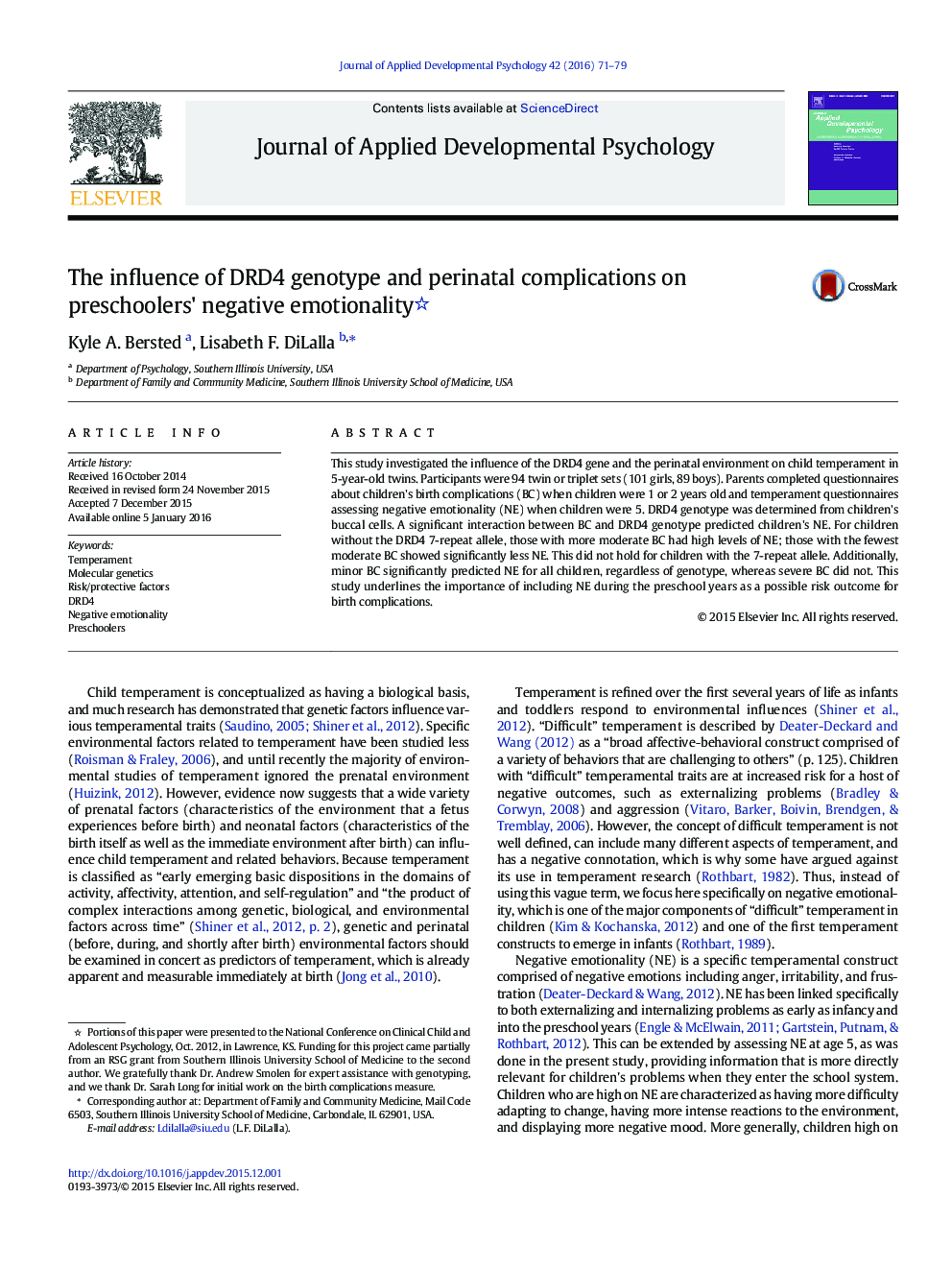 The influence of DRD4 genotype and perinatal complications on preschoolers' negative emotionality