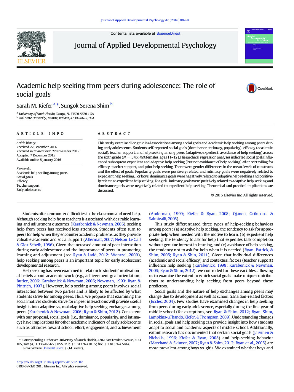 Academic help seeking from peers during adolescence: The role of social goals