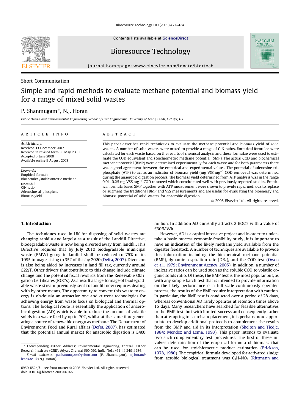 Simple and rapid methods to evaluate methane potential and biomass yield for a range of mixed solid wastes