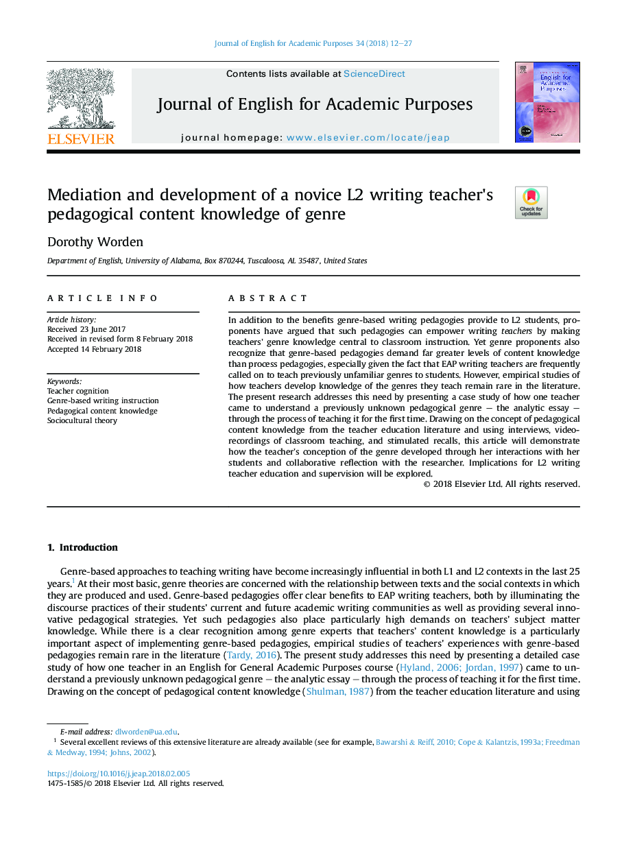 Mediation and development of a novice L2 writing teacher's pedagogical content knowledge of genre