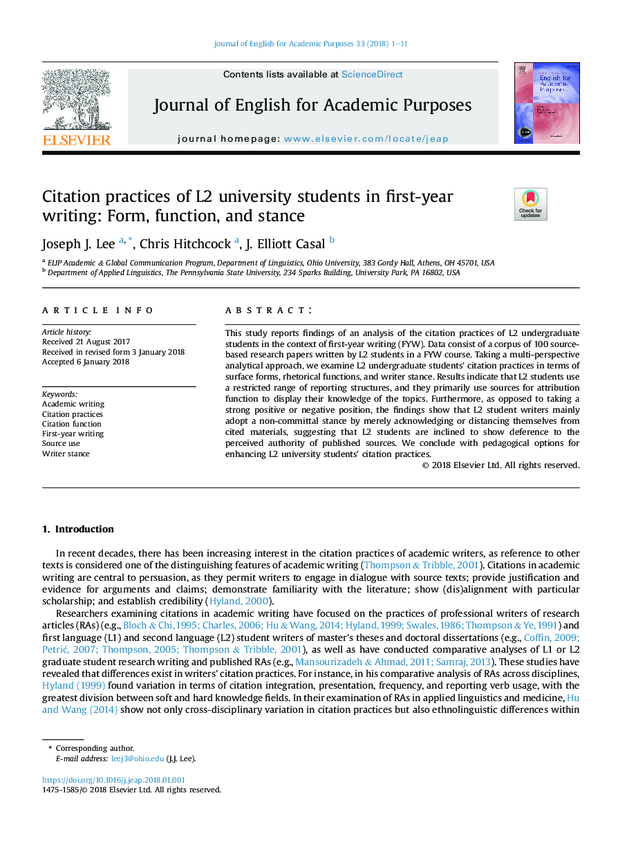 Citation practices of L2 university students in first-year writing: Form, function, and stance