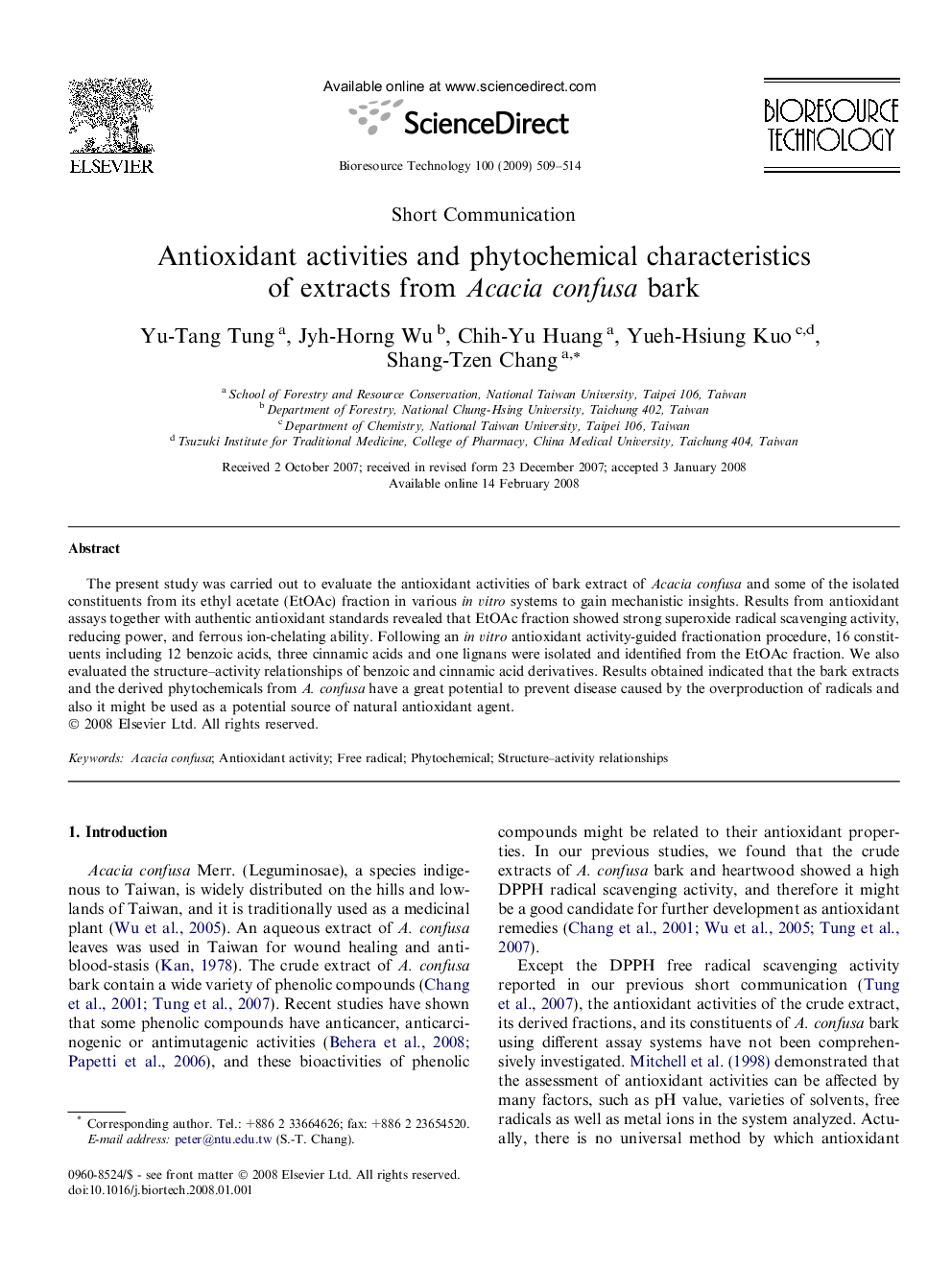 Antioxidant activities and phytochemical characteristics of extracts from Acacia confusa bark