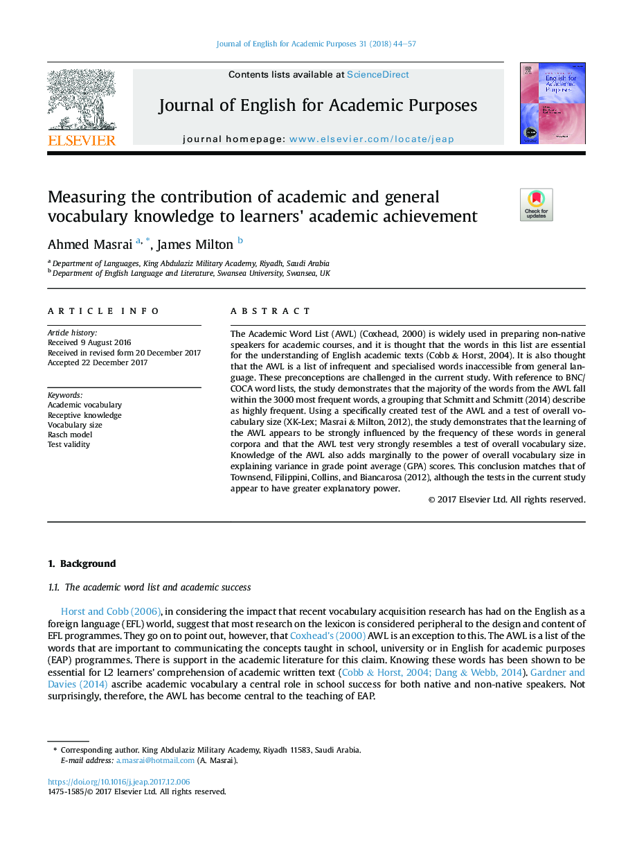 Measuring the contribution of academic and general vocabulary knowledge to learners' academic achievement