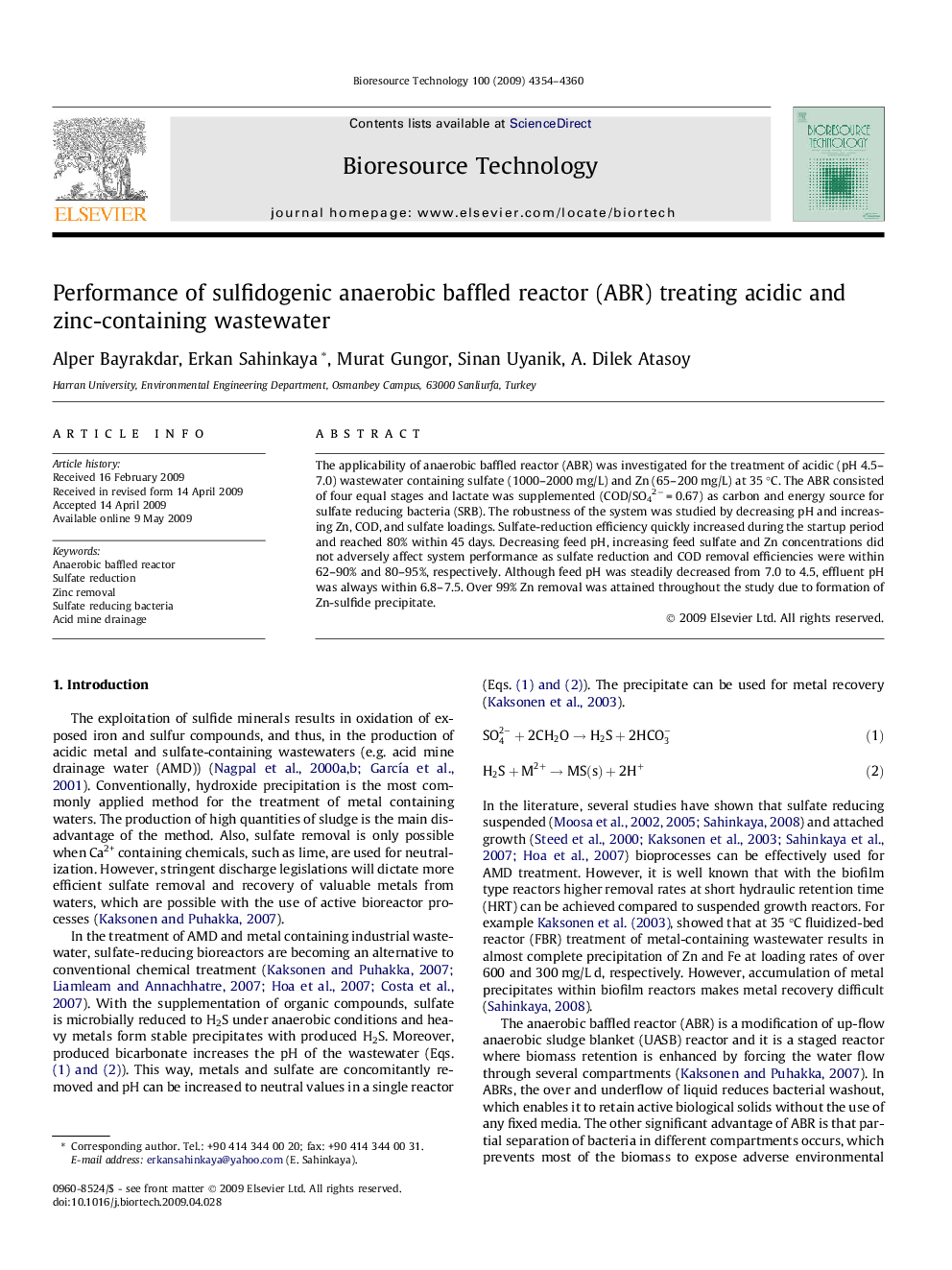 Performance of sulfidogenic anaerobic baffled reactor (ABR) treating acidic and zinc-containing wastewater