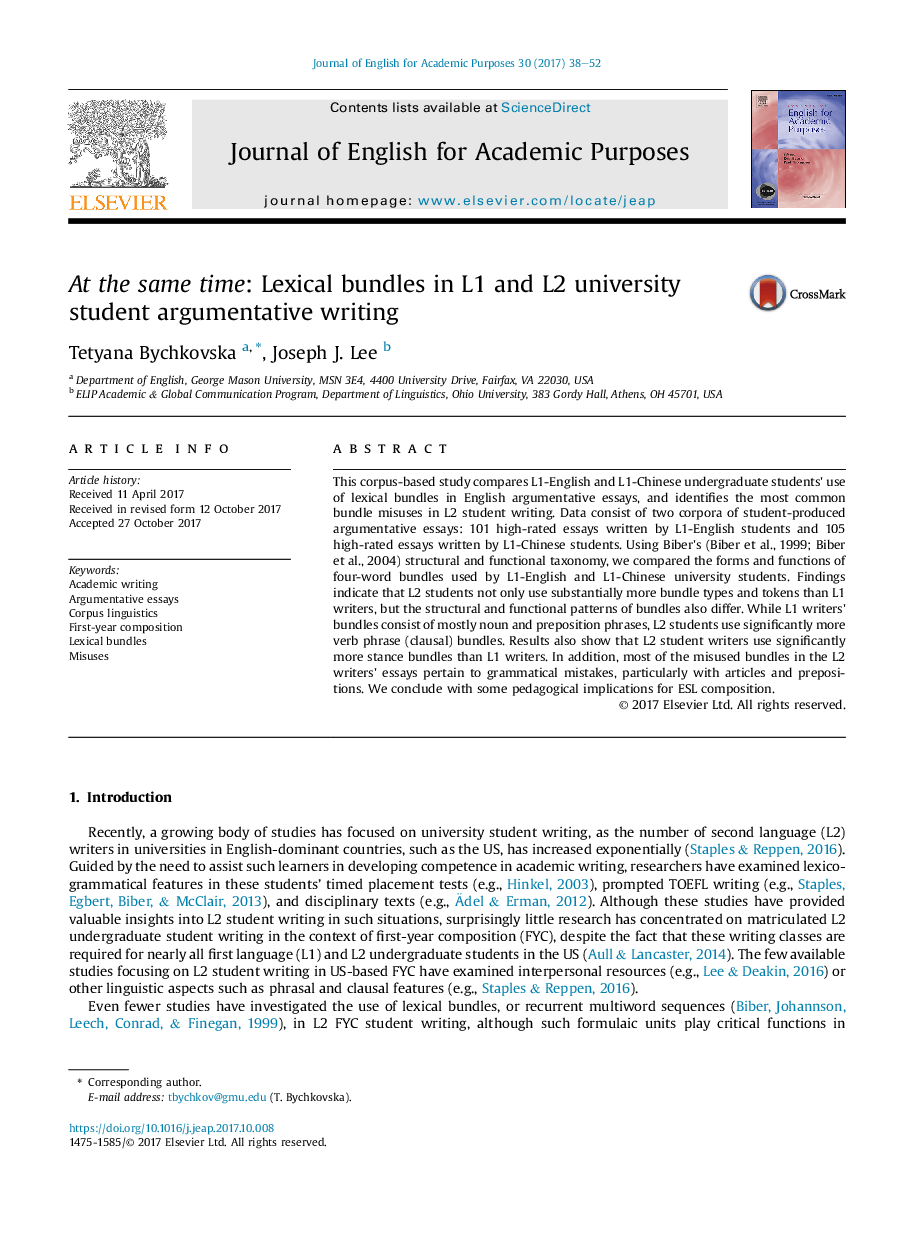 At the same time: Lexical bundles in L1 and L2 university student argumentative writing