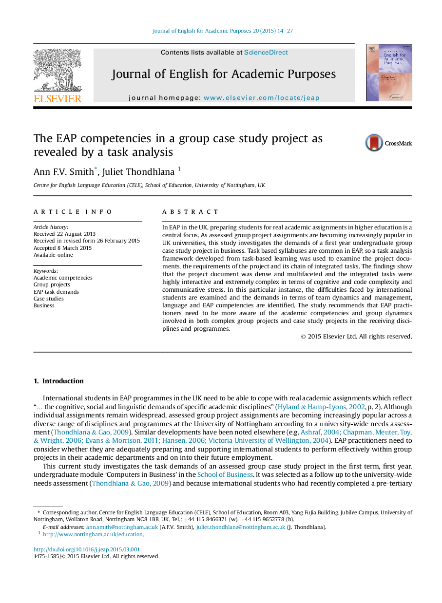 The EAP competencies in a group case study project as revealed by a task analysis