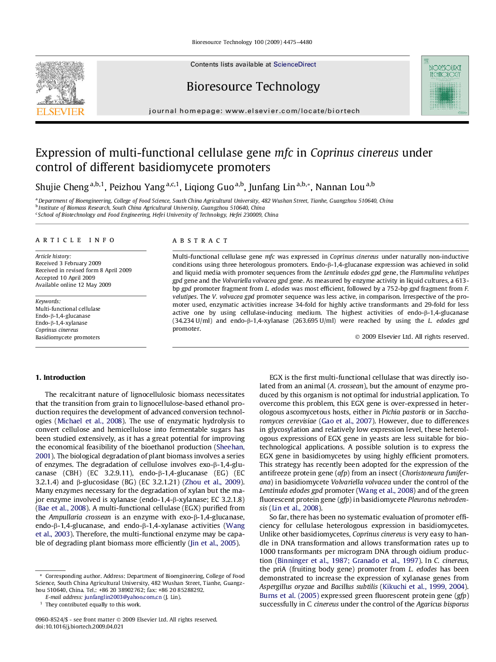 Expression of multi-functional cellulase gene mfc in Coprinus cinereus under control of different basidiomycete promoters