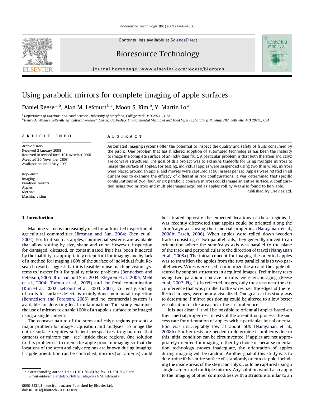 Using parabolic mirrors for complete imaging of apple surfaces