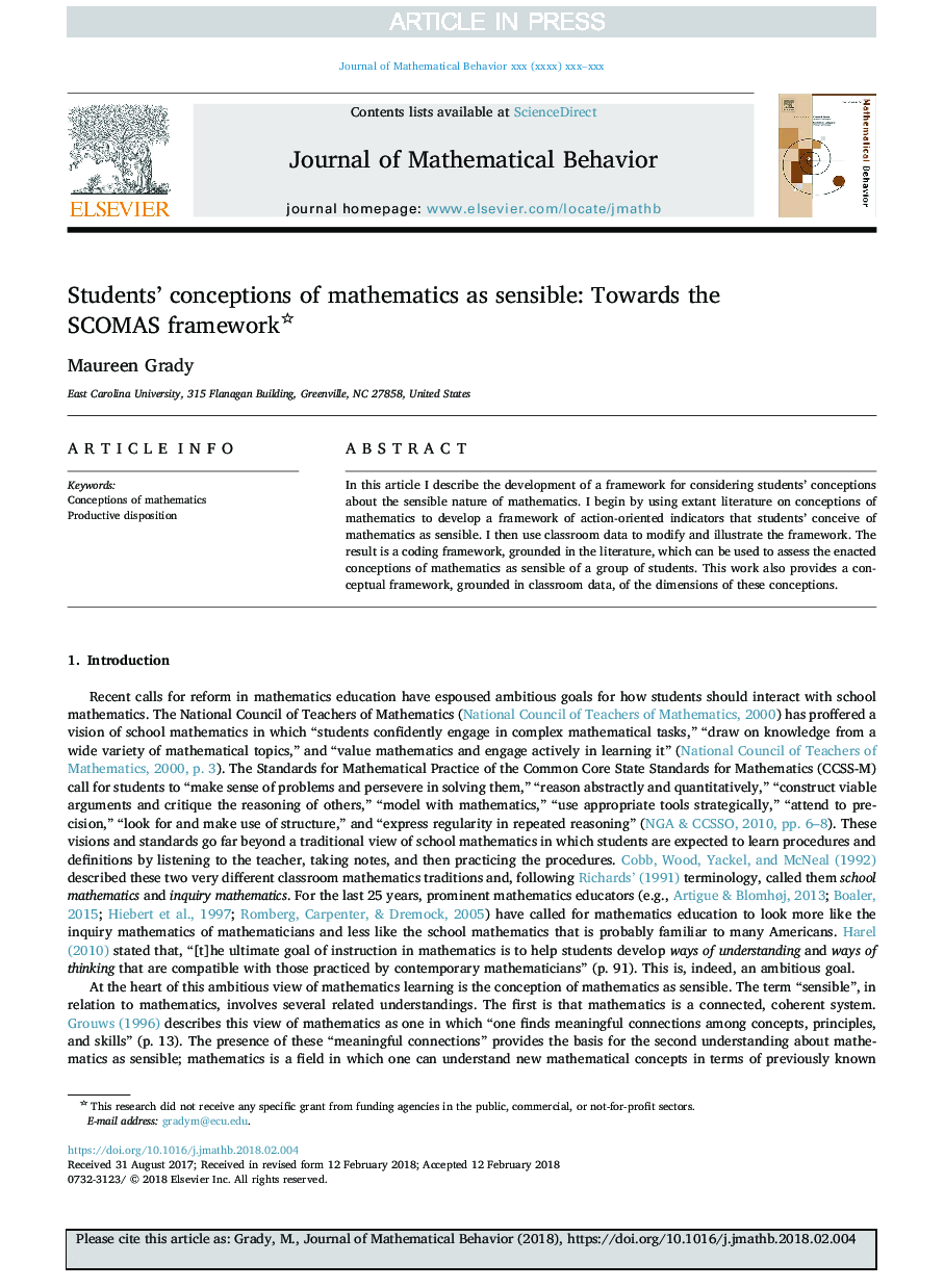 Students' conceptions of mathematics as sensible: Towards the SCOMAS framework