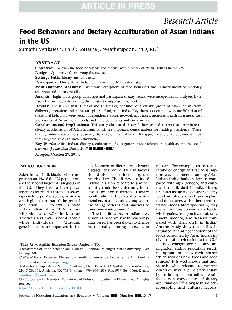 Food Behaviors and Dietary Acculturation of Asian Indians in the US