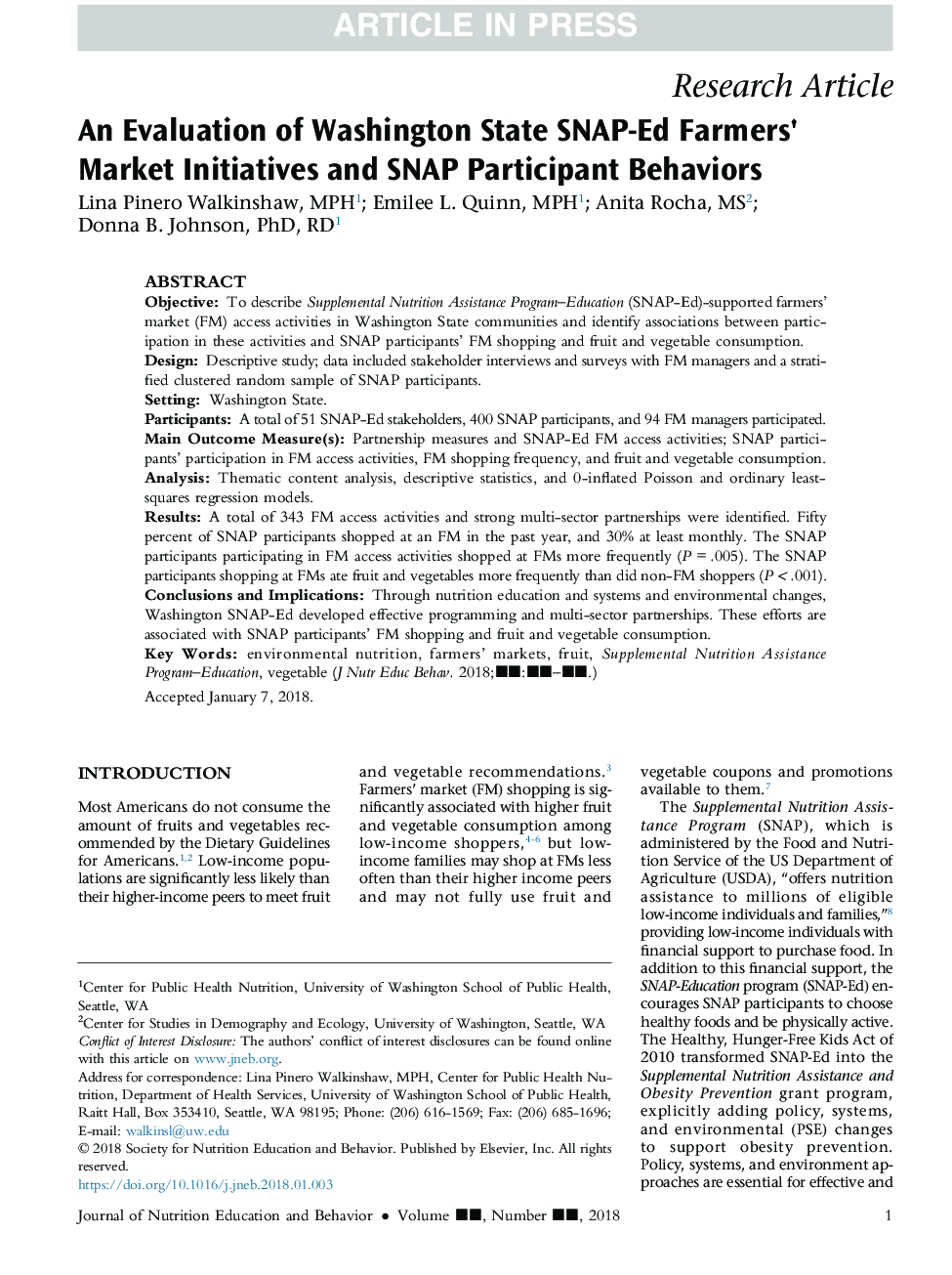 An Evaluation of Washington State SNAP-Ed Farmers' Market Initiatives and SNAP Participant Behaviors