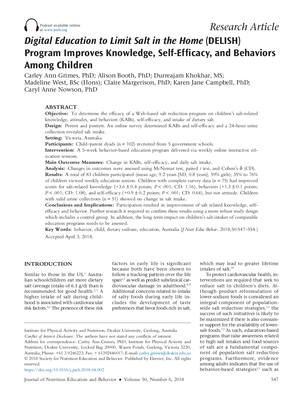 Digital Education to Limit Salt in the Home (DELISH) Program Improves Knowledge, Self-Efficacy, and Behaviors Among Children