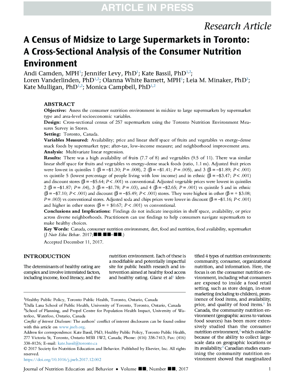 A Census of Midsize to Large Supermarkets in Toronto: A Cross-Sectional Analysis of the Consumer Nutrition Environment