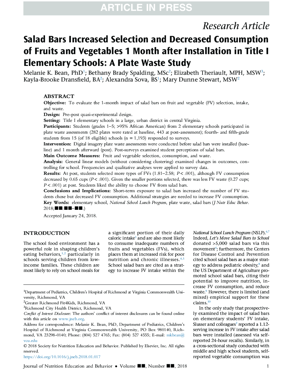 Salad Bars Increased Selection and Decreased Consumption of Fruits and Vegetables 1 Month After Installation in Title I Elementary Schools: A Plate Waste Study