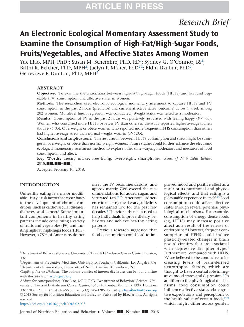 An Electronic Ecological Momentary Assessment Study to Examine the Consumption of High-Fat/High-Sugar Foods, Fruits/Vegetables, and Affective States Among Women