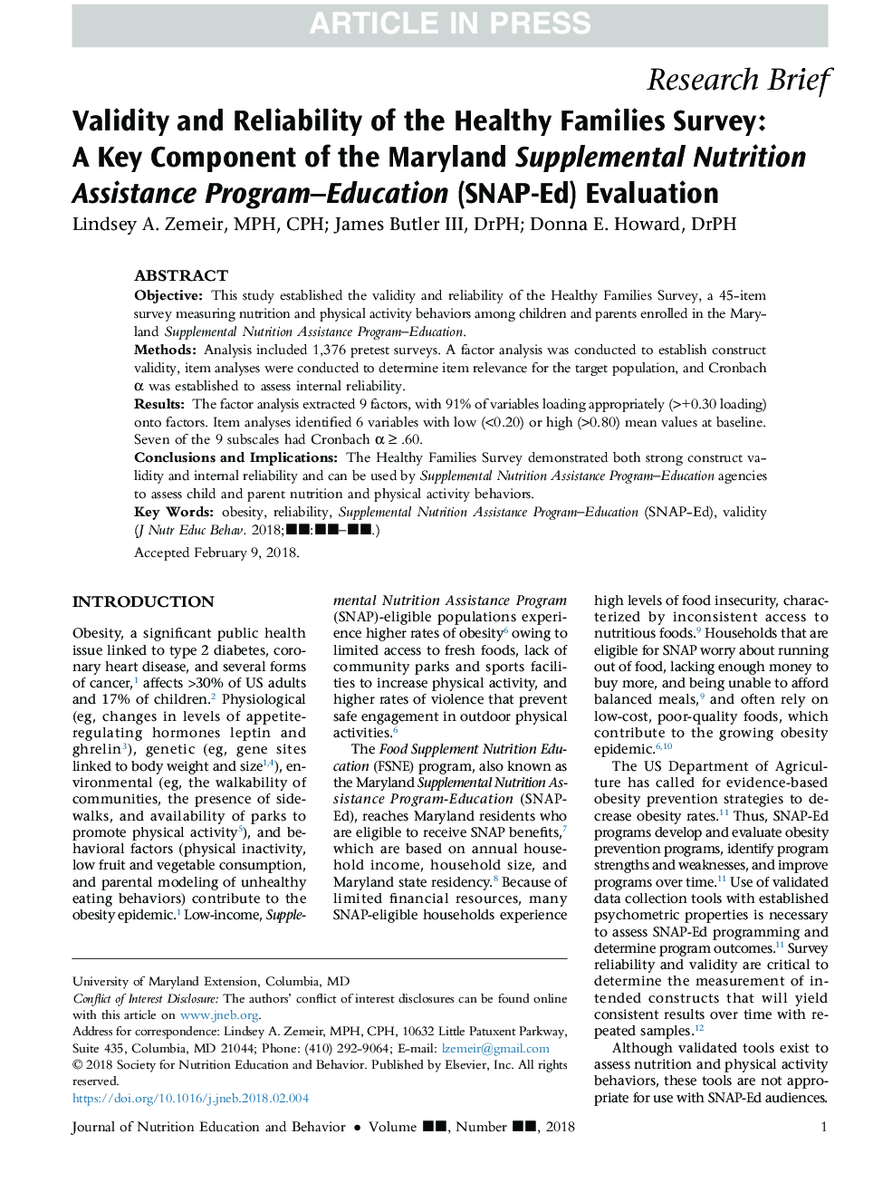 Validity and Reliability of the Healthy Families Survey: A Key Component of the Maryland Supplemental Nutrition Assistance Program-Education (SNAP-Ed) Evaluation