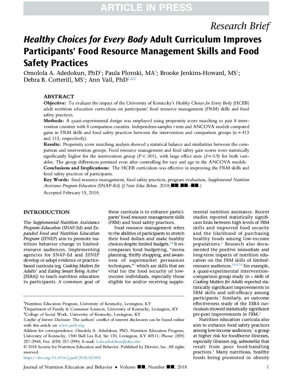 Healthy Choices for Every Body Adult Curriculum Improves Participants' Food Resource Management Skills and Food Safety Practices