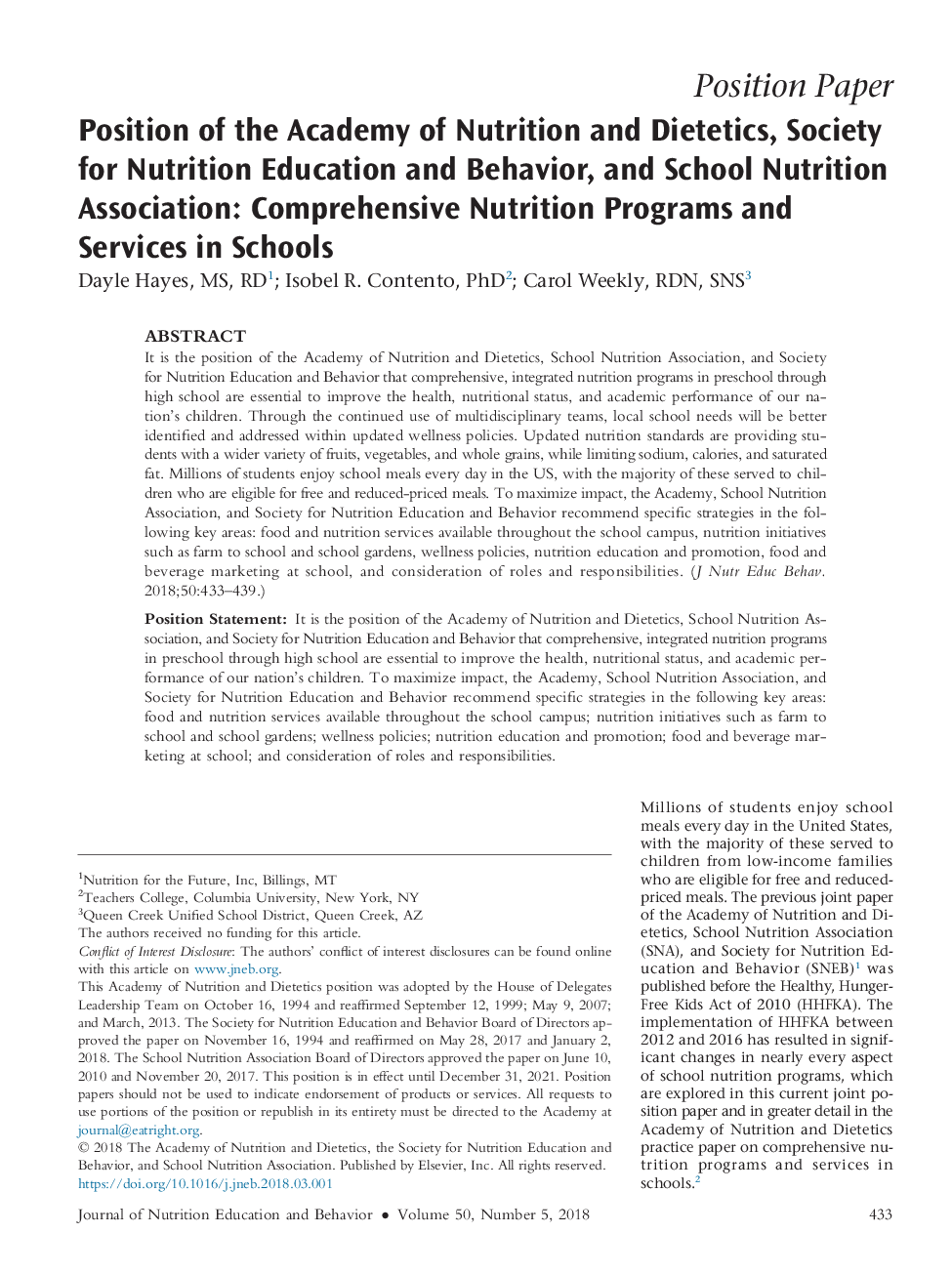 Position of the Academy of Nutrition and Dietetics, Society for Nutrition Education and Behavior, and School Nutrition Association: Comprehensive Nutrition Programs and Services in Schools