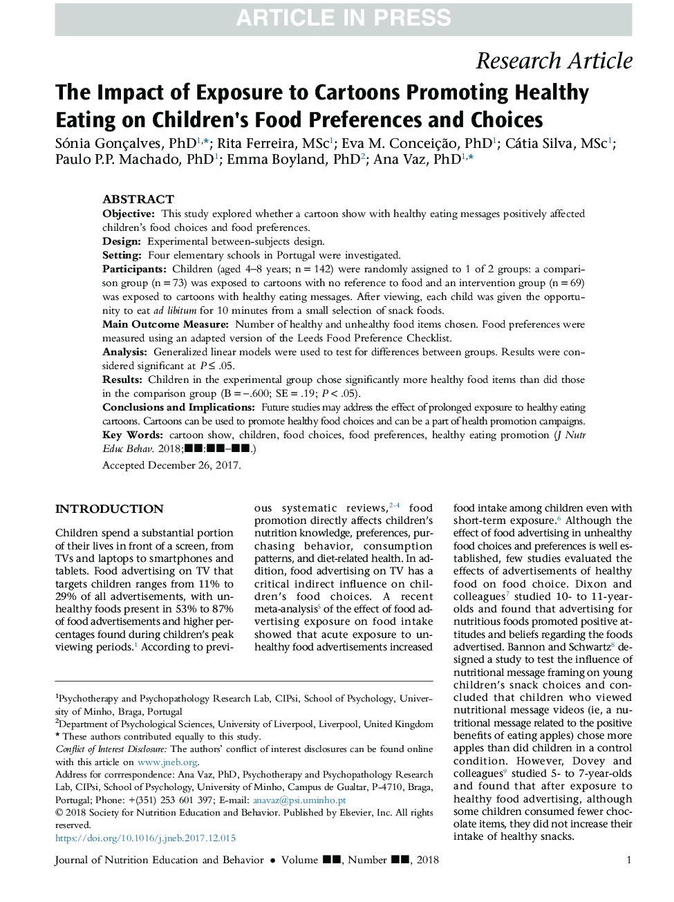 The Impact of Exposure to Cartoons Promoting Healthy Eating on Children's Food Preferences and Choices