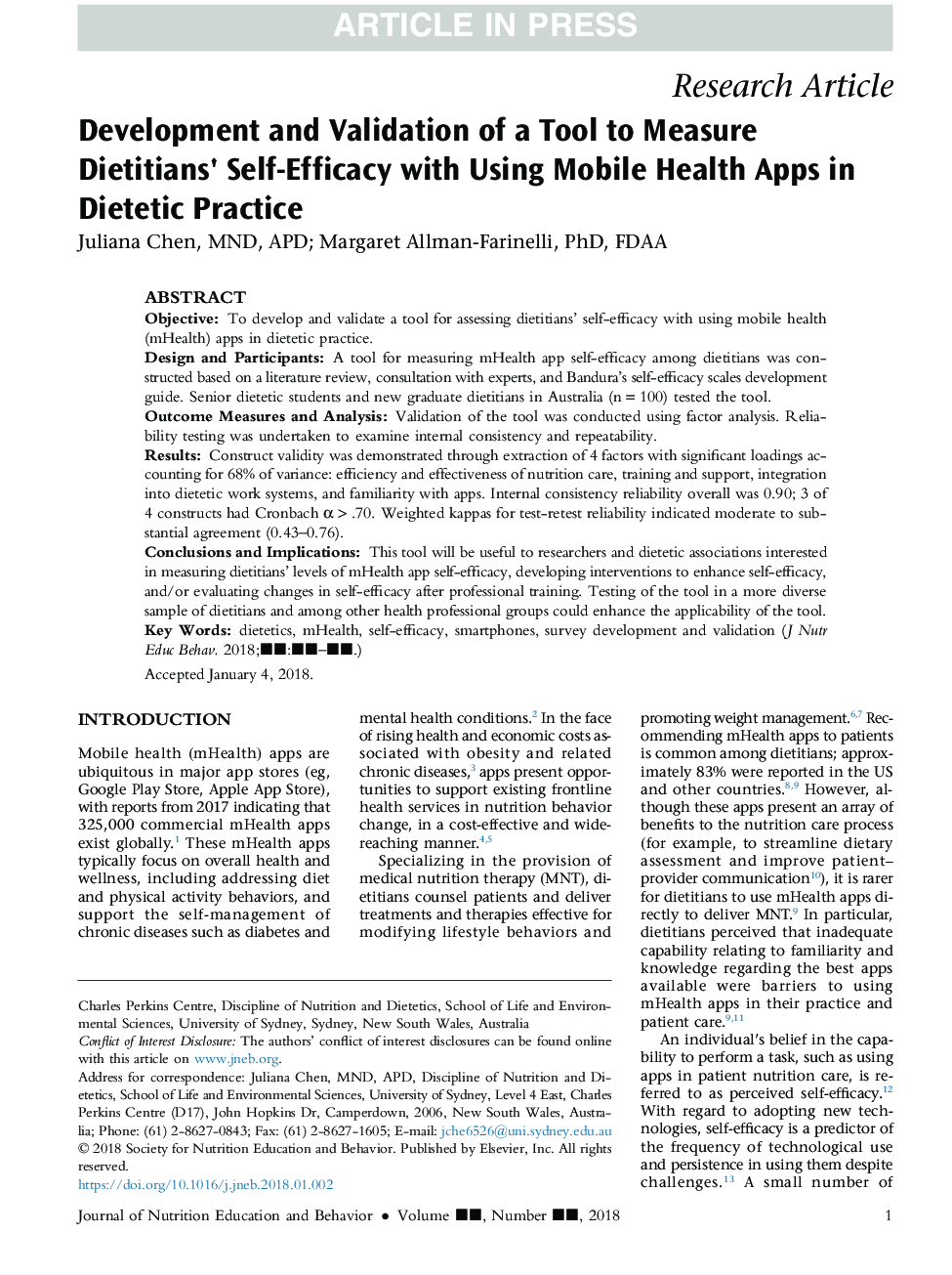 Development and Validation of a Tool to Measure Dietitians' Self-Efficacy with Using Mobile Health Apps in Dietetic Practice