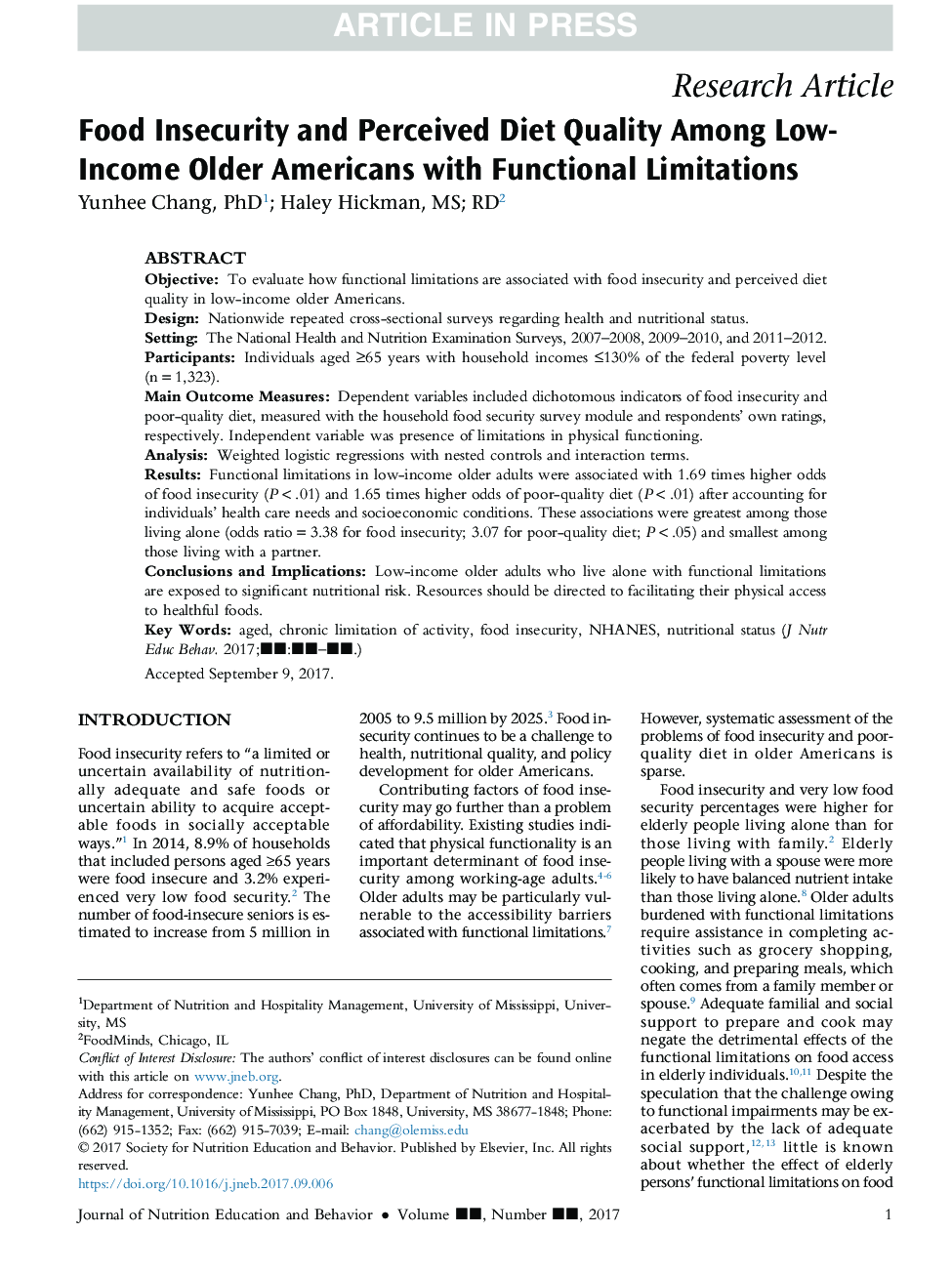 Food Insecurity and Perceived Diet Quality Among Low-Income Older Americans with Functional Limitations