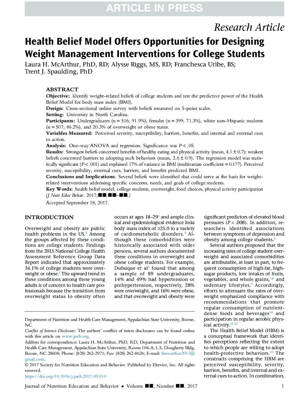 Health Belief Model Offers Opportunities for Designing Weight Management Interventions for College Students