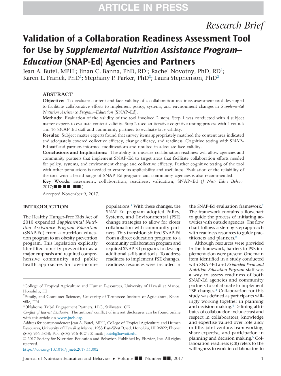 Validation of a Collaboration Readiness Assessment Tool for Use by Supplemental Nutrition Assistance Program-Education (SNAP-Ed) Agencies and Partners