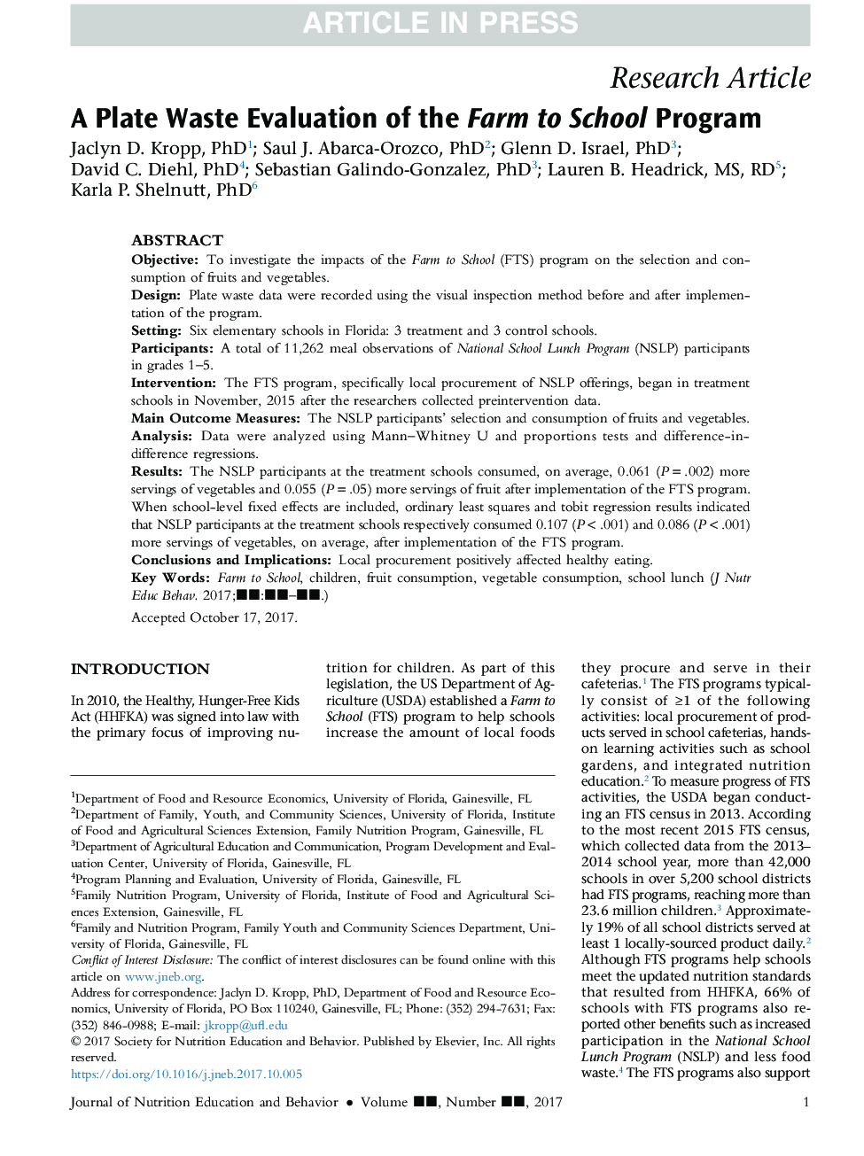 A Plate Waste Evaluation of the Farm to School Program