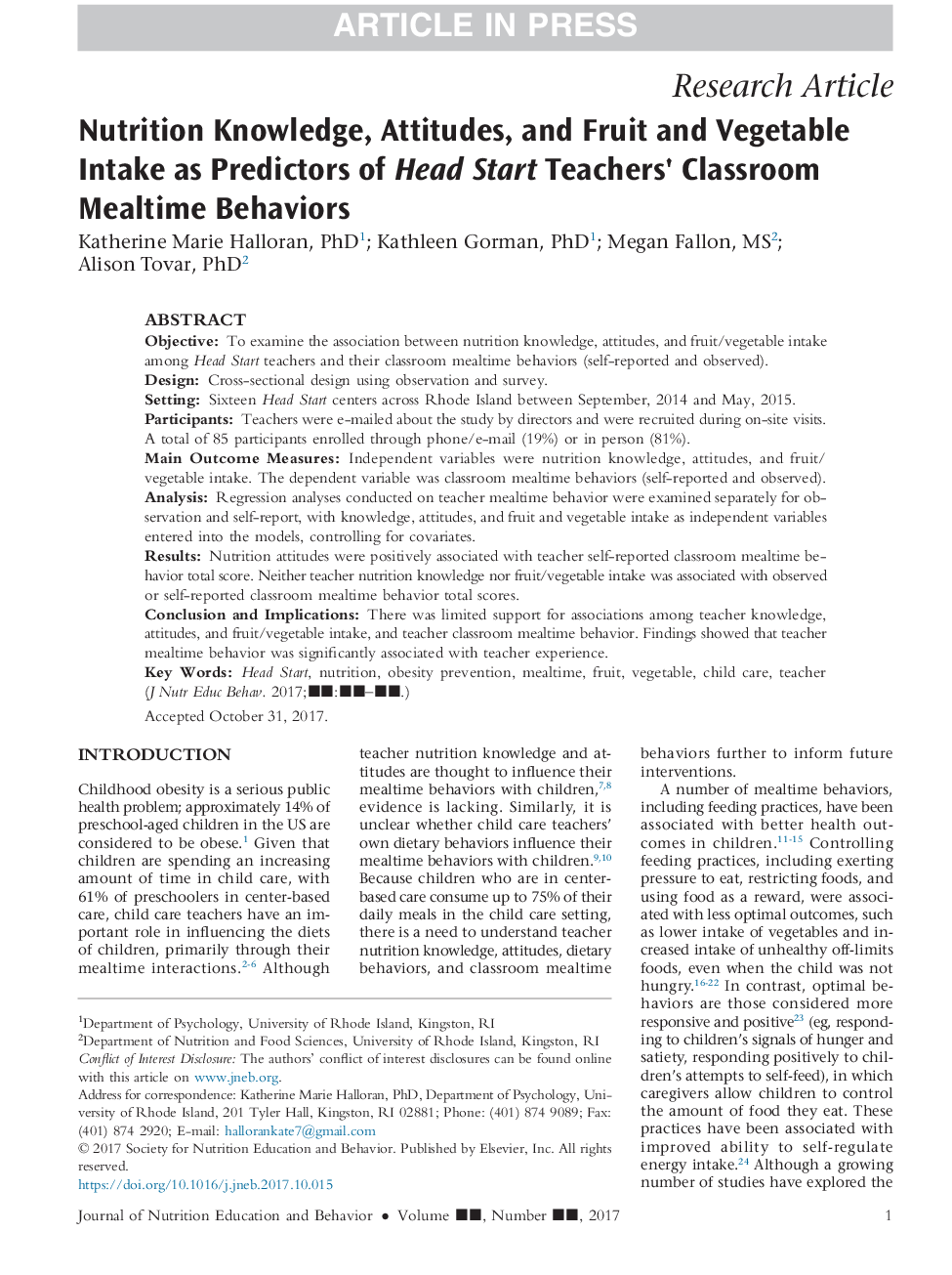 Nutrition Knowledge, Attitudes, and Fruit and Vegetable Intake as Predictors of Head Start Teachers' Classroom Mealtime Behaviors