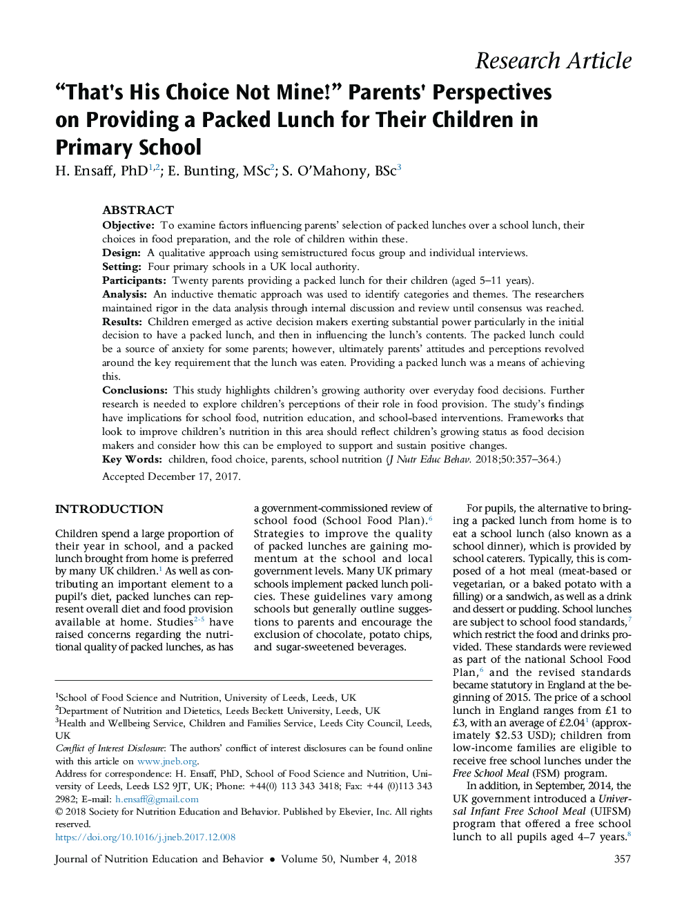 “That's His Choice Not Mine!” Parents' Perspectives on Providing a Packed Lunch for Their Children in Primary School