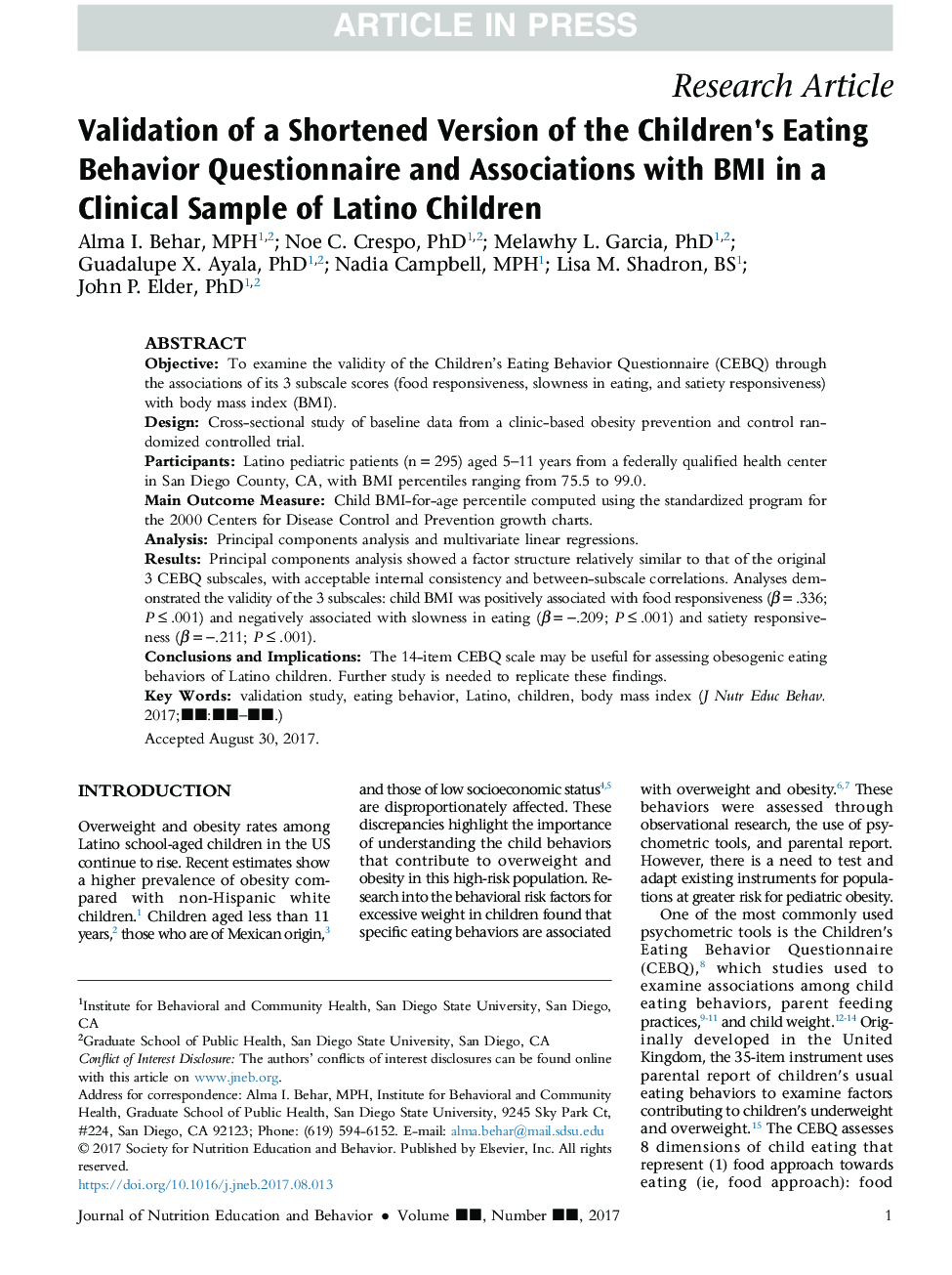 Validation of a Shortened Version of the Children's Eating Behavior Questionnaire and Associations with BMI in a Clinical Sample of Latino Children