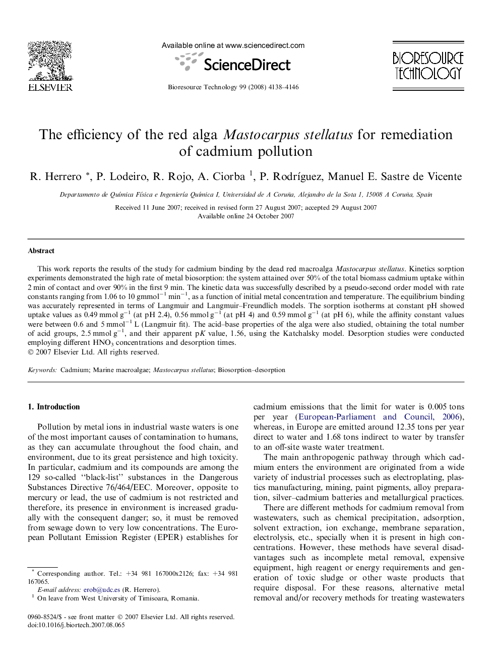 The efficiency of the red alga Mastocarpus stellatus for remediation of cadmium pollution