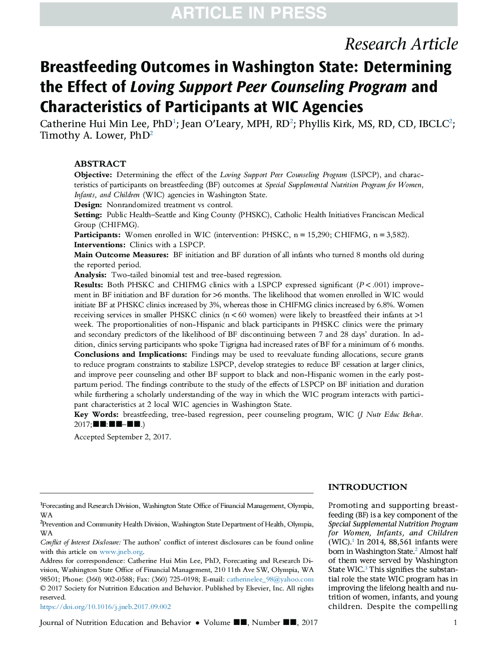 Breastfeeding Outcomes in Washington State: Determining the Effect of Loving Support Peer Counseling Program and Characteristics of Participants at WIC Agencies