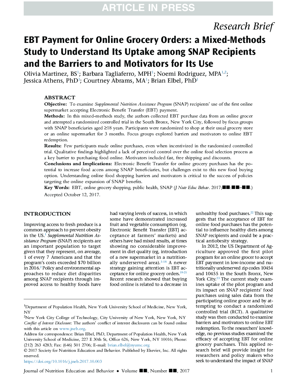 EBT Payment for Online Grocery Orders: a Mixed-Methods Study to Understand Its Uptake among SNAP Recipients and the Barriers to and Motivators for Its Use