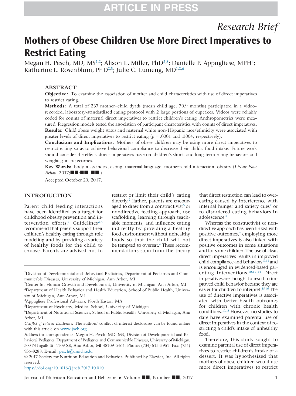 Mothers of Obese Children Use More Direct Imperatives to Restrict Eating