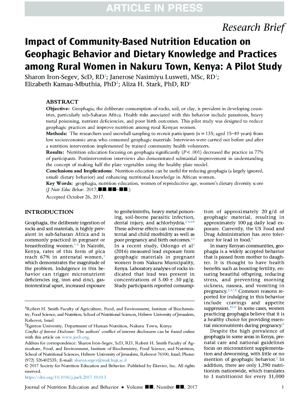 Impact of Community-Based Nutrition Education on Geophagic Behavior and Dietary Knowledge and Practices among Rural Women in Nakuru Town, Kenya: A Pilot Study