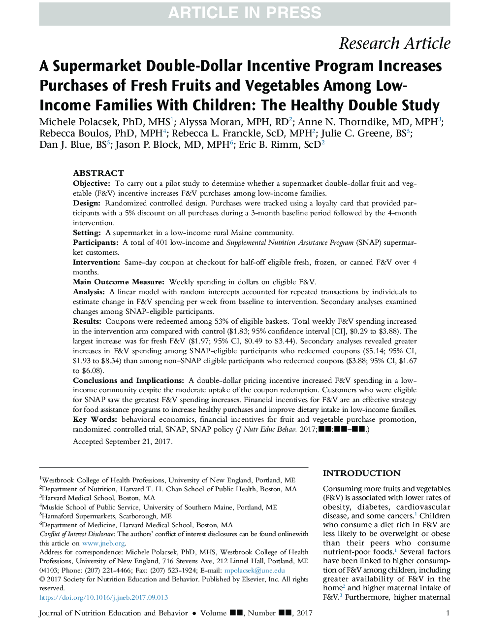 A Supermarket Double-Dollar Incentive Program Increases Purchases of Fresh Fruits and Vegetables Among Low-Income Families With Children: The Healthy Double Study