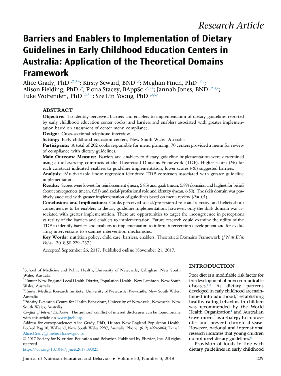 Barriers and Enablers to Implementation of Dietary Guidelines in Early Childhood Education Centers in Australia: Application of the Theoretical Domains Framework