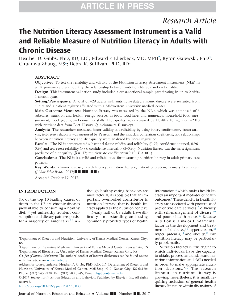 ابزار ارزیابی سواد تغذیه یک میزان معتبر و قابل اطمینان از سواد تغذیه در بزرگسالان مبتلا به بیماری مزمن است 