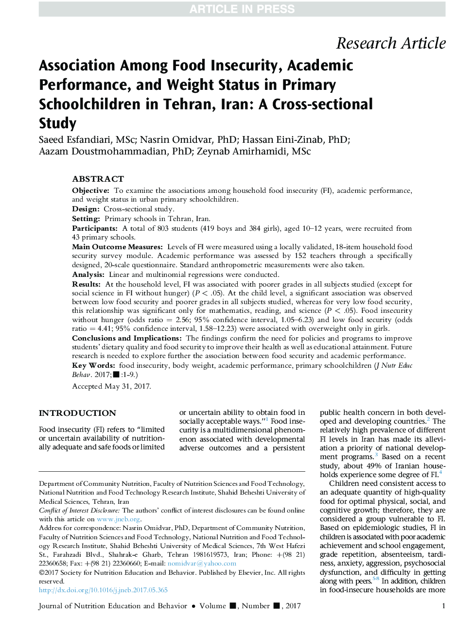 Associations Among Food Insecurity, Academic Performance, and Weight Status in Primary Schoolchildren in Tehran, Iran: A Cross-sectional Study