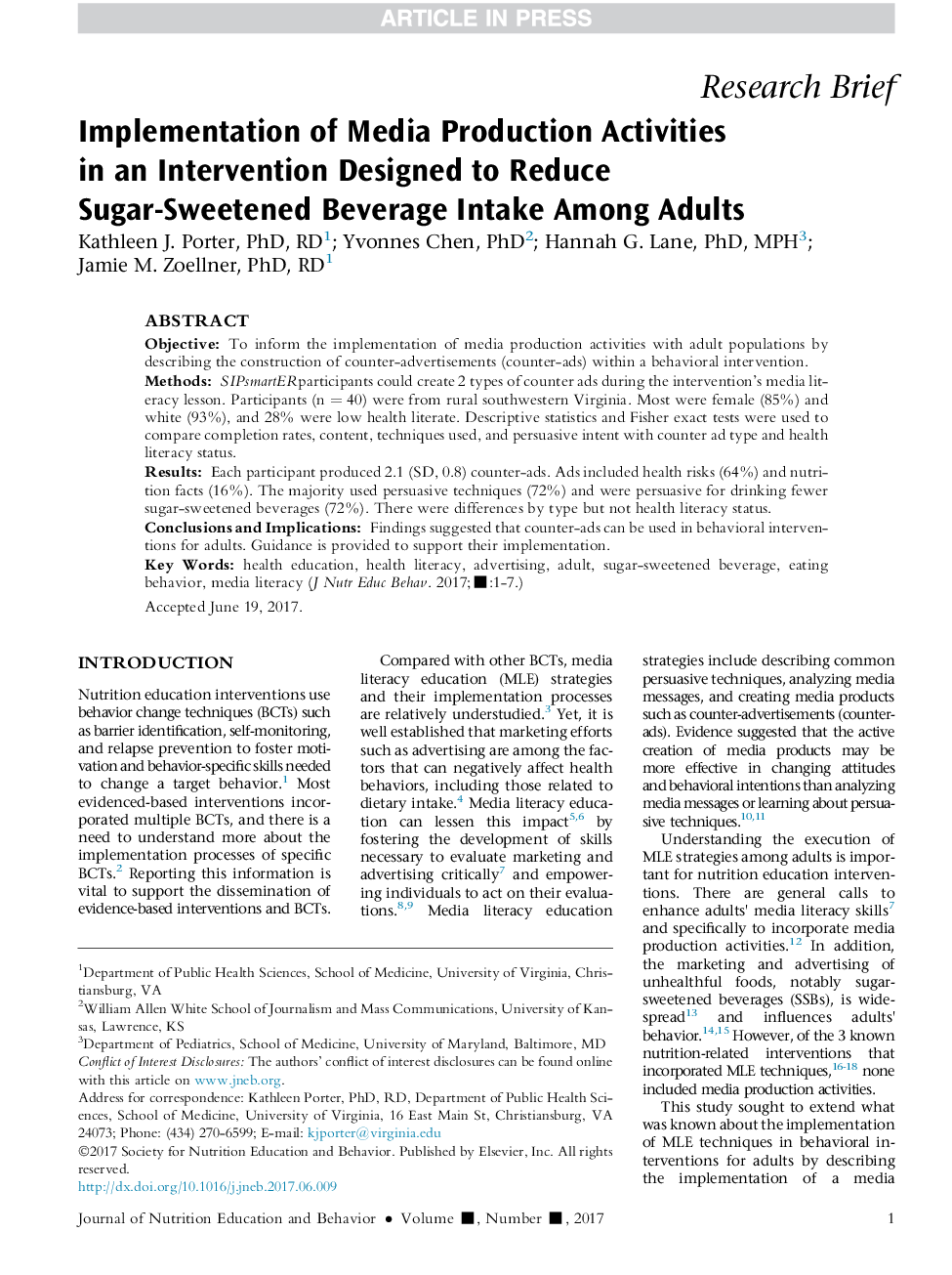 Implementation of Media Production Activities inÂ an Intervention Designed to Reduce Sugar-Sweetened Beverage Intake Among Adults