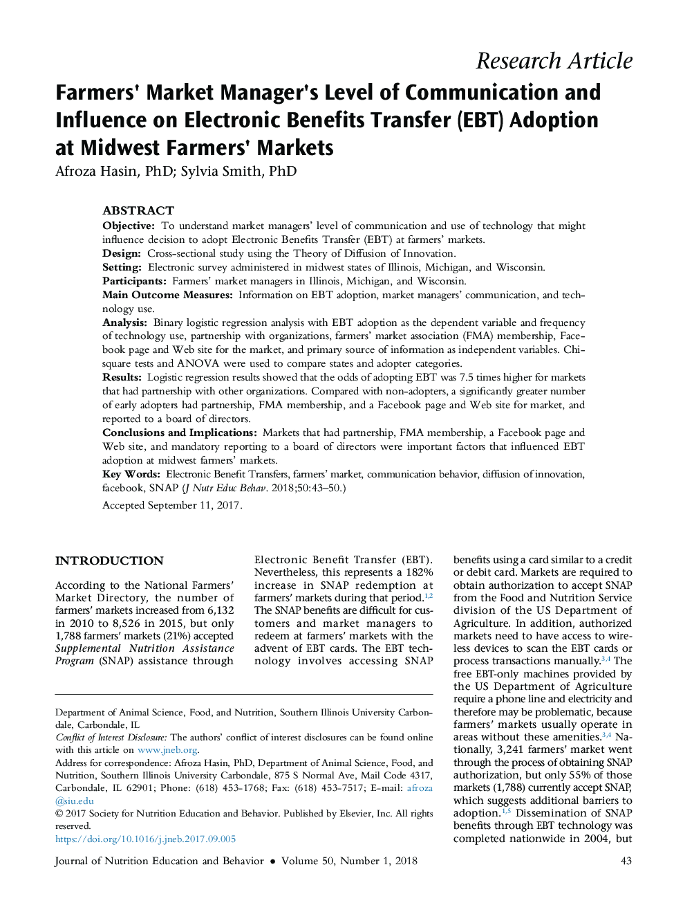 Farmers' Market Manager's Level of Communication and Influence on Electronic Benefits Transfer (EBT) Adoption at Midwest Farmers' Markets