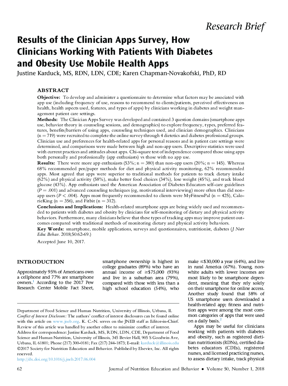 Results of the Clinician Apps Survey, How Clinicians Working With Patients With Diabetes and Obesity Use Mobile Health Apps