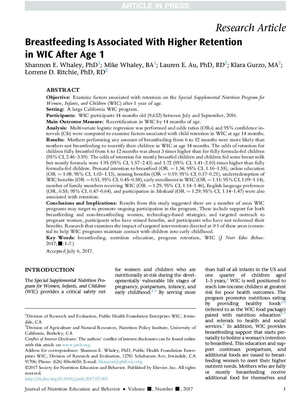 Breastfeeding Is Associated With Higher Retention in WIC After Age 1