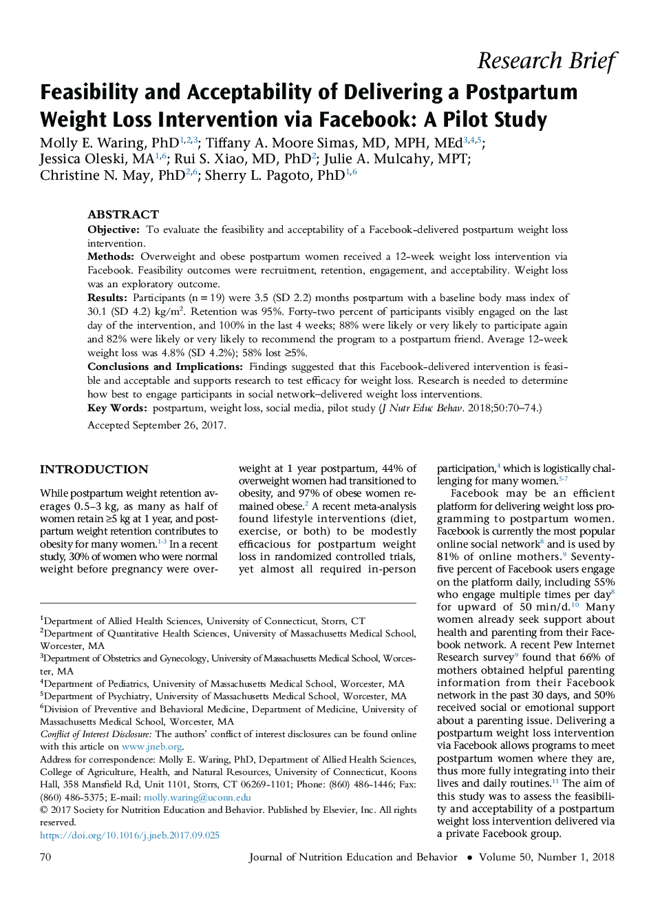 Feasibility and Acceptability of Delivering a Postpartum Weight Loss Intervention via Facebook: A Pilot Study