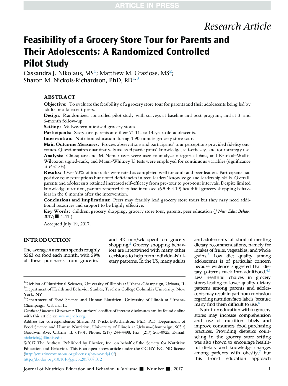 Feasibility of a Grocery Store Tour for Parents and Their Adolescents: A Randomized Controlled Pilot Study