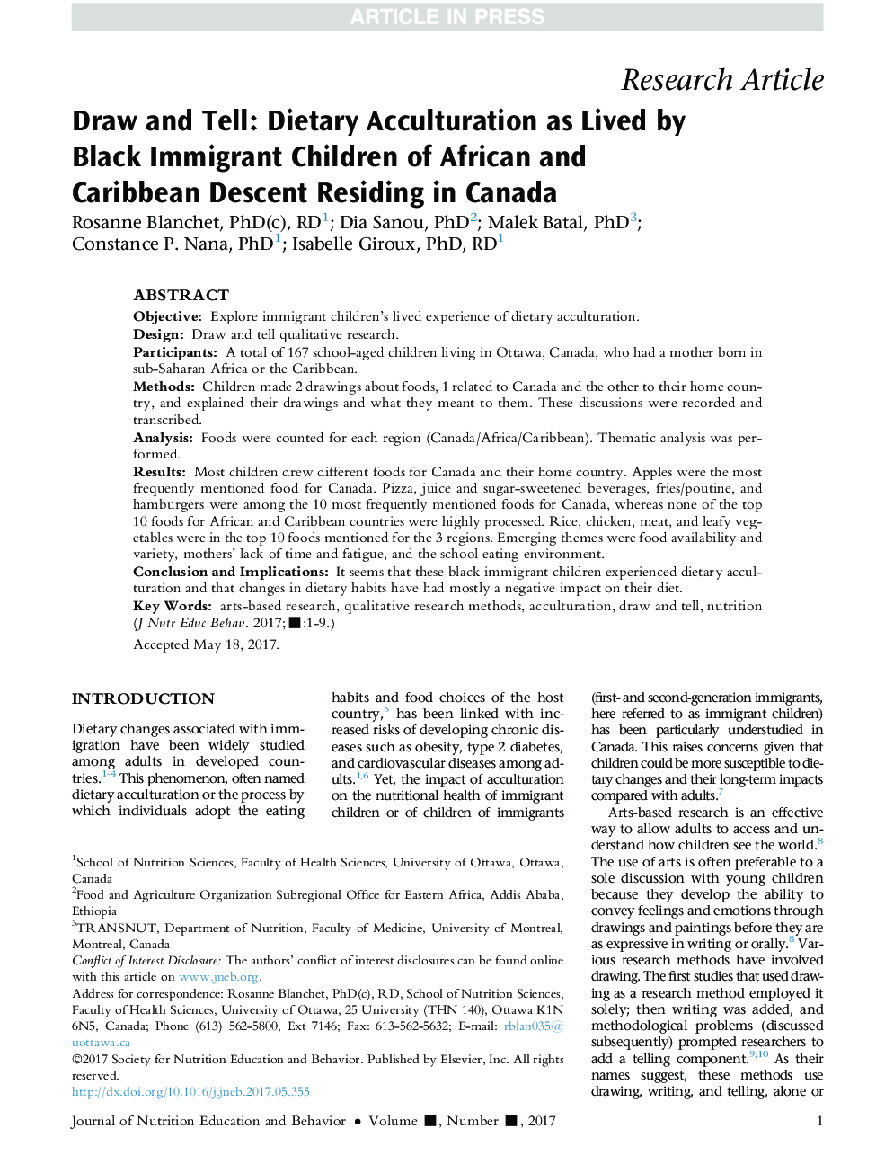 Draw and Tell: Dietary Acculturation as Lived by Black Immigrant Children of African and Caribbean Descent Residing in Canada