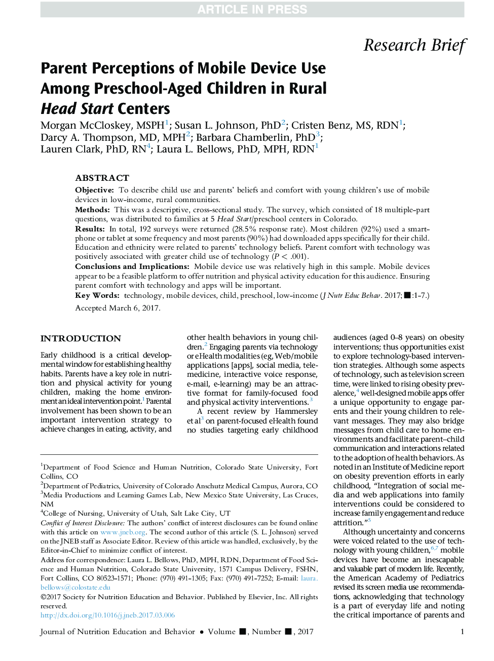 Parent Perceptions of Mobile Device Use AmongÂ Preschool-Aged Children in Rural HeadÂ Start Centers