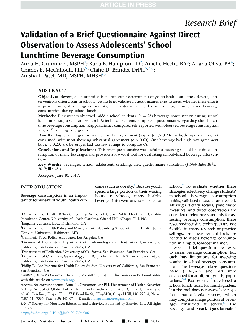 Validation of a Brief Questionnaire Against Direct Observation to Assess Adolescents' School Lunchtime Beverage Consumption