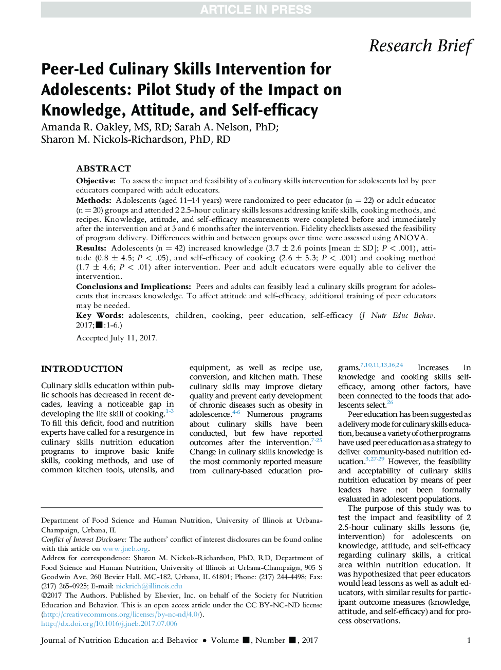 Peer-Led Culinary Skills Intervention for Adolescents: Pilot Study of the Impact on Knowledge, Attitude, and Self-efficacy